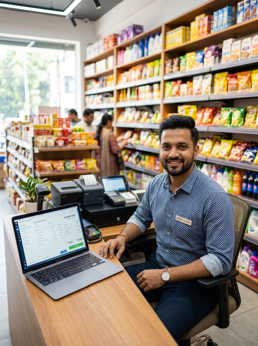 Retail store owner at POS counter using myDigiBill